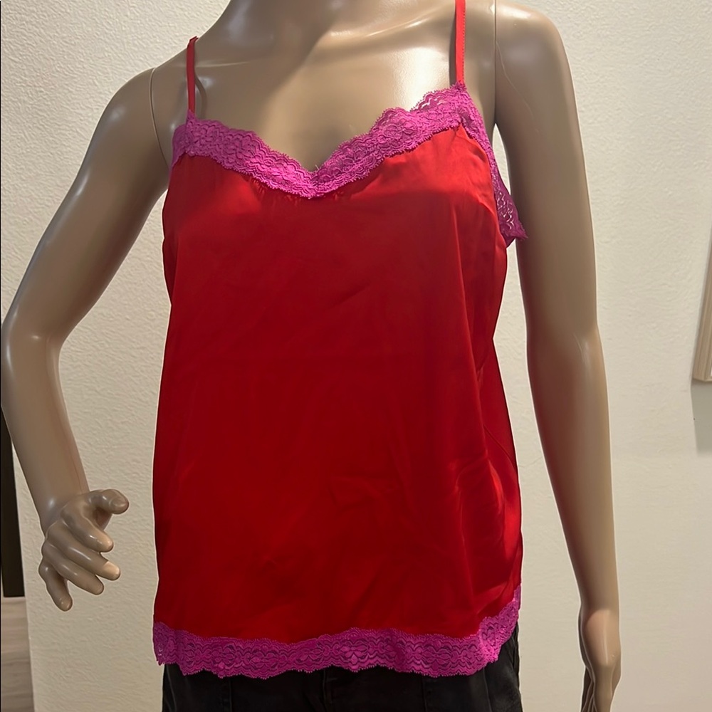 Red Camisole with Pink Lace Trim